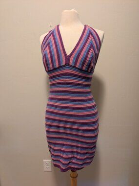Striped Purple & Pink Knit Halter Crochet Dress Wild Fable Medium
